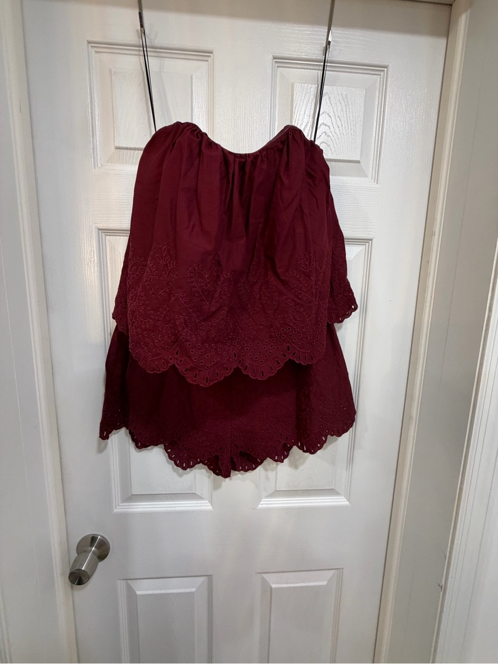 H&M Rose Burgundy Strapless Tiered Eyelet Romper